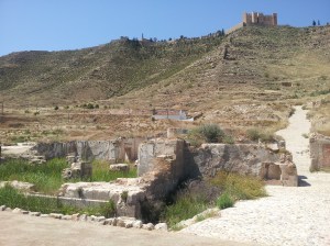 Poble vell de Mequinença i castell al fons.