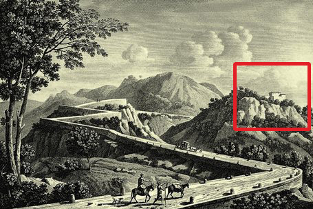 Gravat publicat per alexandre de laborde del coll de balaguer, situant a la dreta el Fort de Sant Felip.