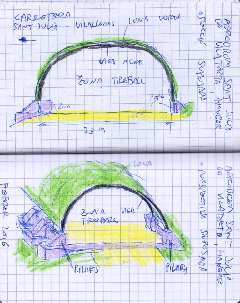 Secció i perspectiva que volen representar el que devia ser l'hangar.